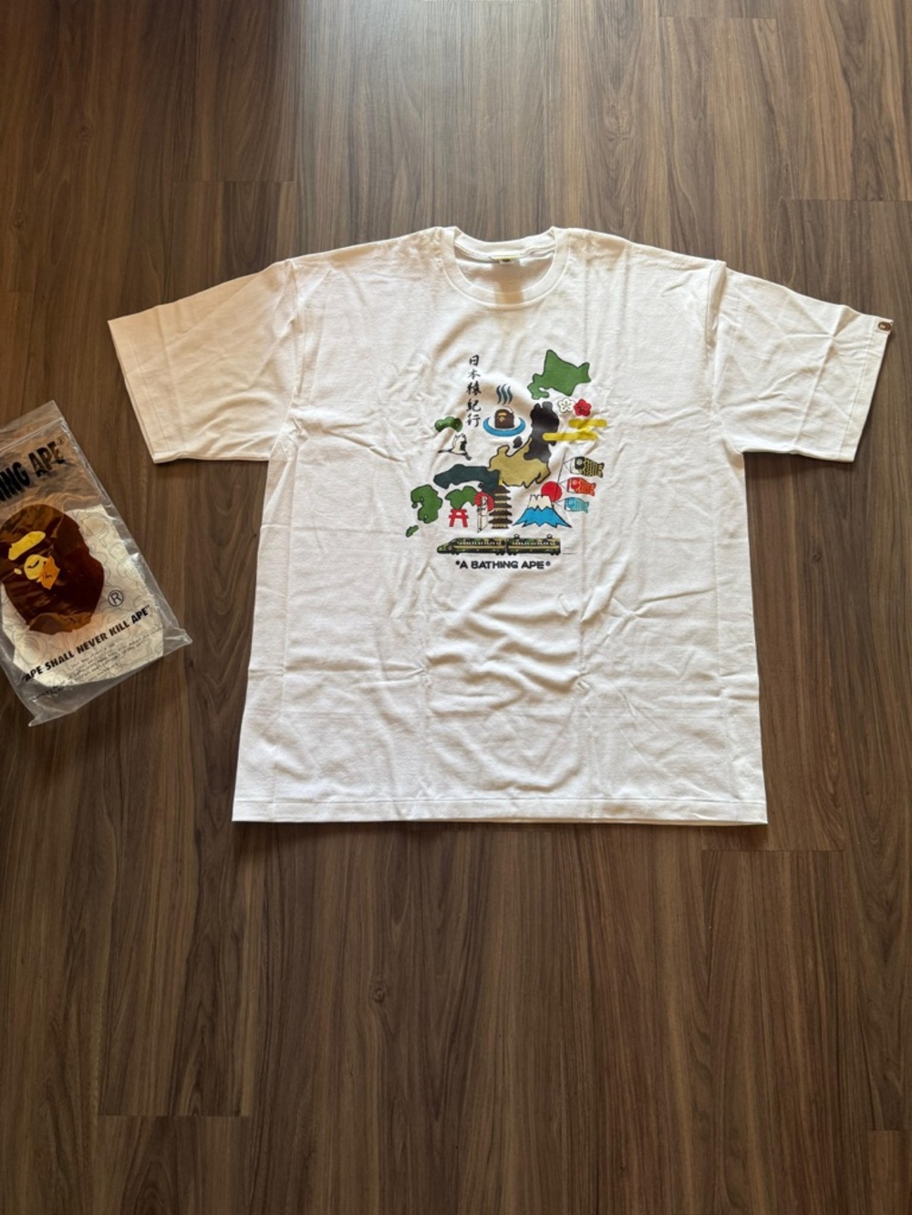 Bape White Graphic Short Sleeve Tee with Multicolor Print